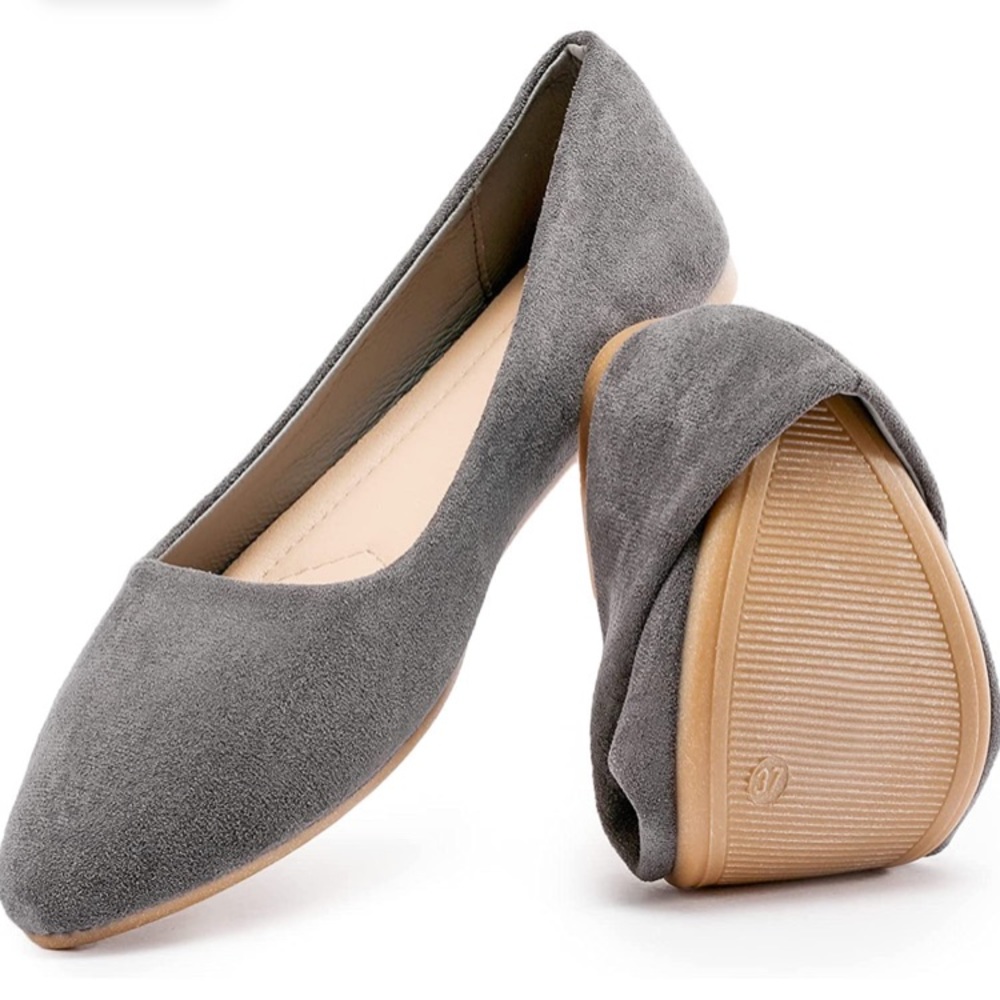 Women’s gray suede pointed toe ballet flats shoes